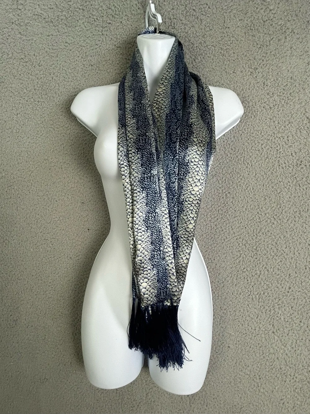 Women’s Navy Blue Faux Silk Fish Scale / Snake Print Scarf with Fringe